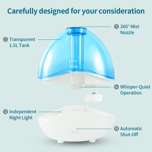 Vista 4 de Humidificador de niebla fría de 1.5L para dormitorio con boquilla ajustable de 360°, humidificador de aire ultrasónico silencioso para bebés