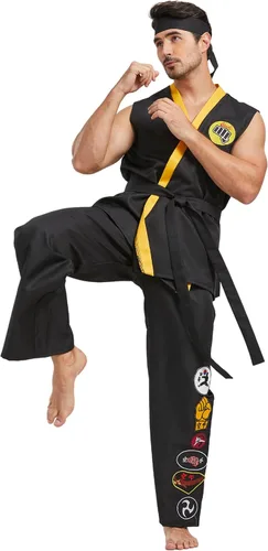 Vista 3 de Disfraz de karate para hombre, de lujo, talla grande, conjunto de uniforme de karate Gi de Halloween, con diadema de cinturón negro, unisex