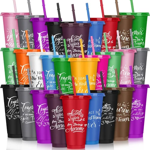 Vista 10 de Mifoci Regalos a granel de agradecimiento para empleados Tazas de plástico de 24oz con tapa con pajita para compañeros de trabajo, profesores