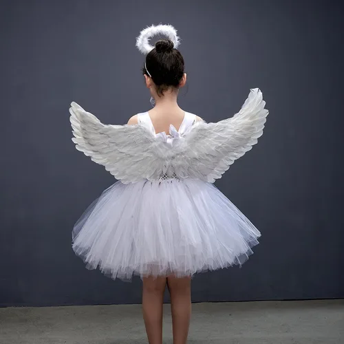 Vista 4 de GuliriFei Disfraz de ángel de Halloween para niñas, incluye alas de plumas, diadema de halo, varita mágica, falda tutú, disfraz de hada