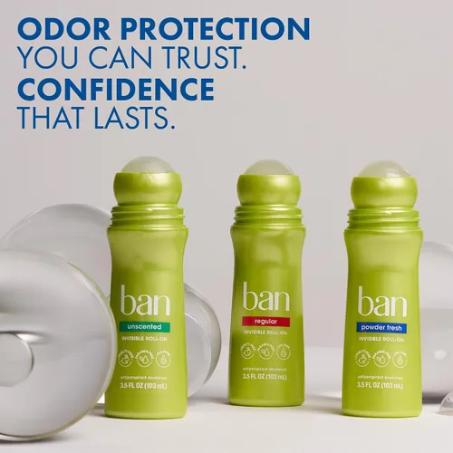 Vista 14 de Ban Desodorante Antitranspirante Roll-on Invisible para Mujeres y Hombres, Protección contra Olor y Sudor de Axilas por 24 Horas, Powder Fresh, 3.5