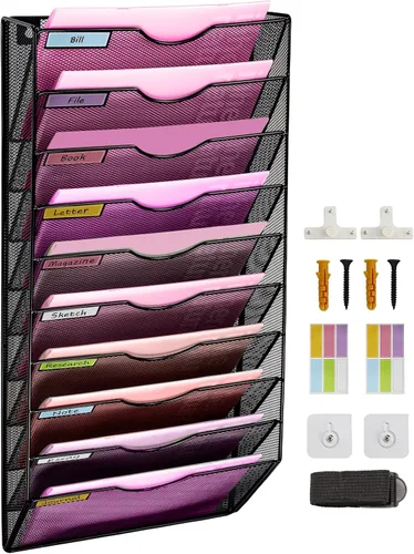 Vista 8 de Organizador de archivos de pared de malla con 1 bolsillo, organizador de archivos para colgar en la oficina, revistero, juego de ganchos