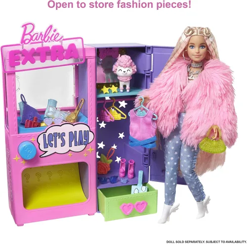 Vista 6 de Barbie Juego de moda extra sorpresa con 20 piezas, incluyendo caniche para mascotas, armario y función de botón que dispensa accesorios de moda