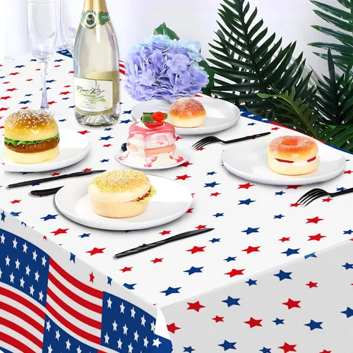 Vista 4 de 1 paquete de mantel de plástico con diseño de bandera americana del 4 de julio para fiesta, 54 x 87 pulgadas de largo, mantel rectangular para bufé