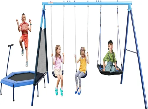 Vista 9 de Juego de columpios 3 en 1 con columpio de disco volador para patio trasero, juegos de 440 libras para patio trasero, juego de columpios para niños