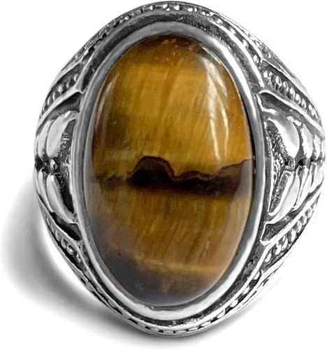Vista 2 de Anillo de piedra de ojo de tigre amarillo genuino para hombres y mujeres, retro vintage de cristal de cuarzo turco joyería para ella y él