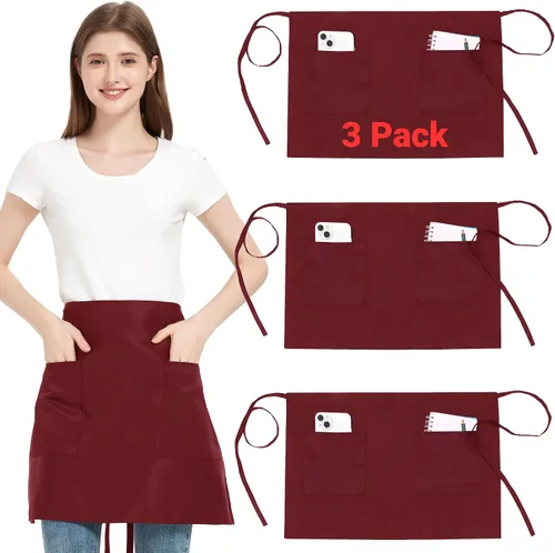 Vista 14 de Paquete de 3 delantales de cintura con 3 bolsillos, delantales de camarero unisex negros, delantales resistentes al agua para restaurante, chef y bar