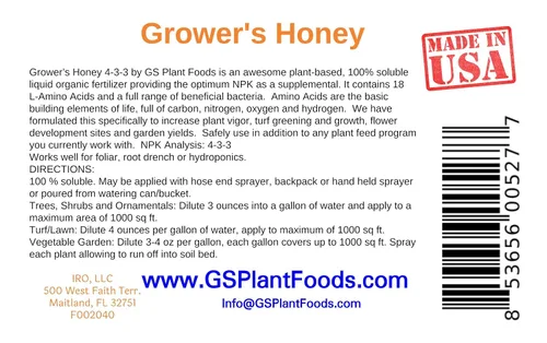 Vista 2 de Grower's Honey - Fertilizante líquido a base de plantas, alimento orgánico para plantas para un enorme crecimiento vegetativo (1 cuarto de galón)