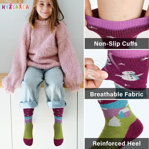 Vista 4 de Hylaea Calcetines de esquí de lana merino para niños, calcetines térmicos cálidos hasta la rodilla para patinaje de snowboard para niños y niñas
