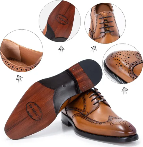 Vista 2 de Zapatos Oxford de vestir con punta redonda para hombre, zapatos Oxford Derby de cuero genuino con cordones