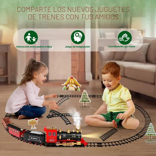 Vista 6 de Hot Bee Juego de tren – Juguetes de tren para niños con humo, luces y sonido, pistas, tren de juguete con locomotora de vapor, coches de carga