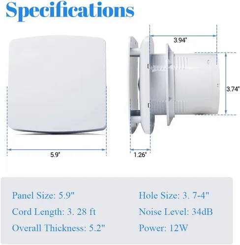 Vista 2 de WiseWater Extractor de baño, 110 V CA 56 CFM, 34 dB, conducto de 4 pulgadas, ventilador extractor de panel de 6 pulgadas, ventilador de ventilación