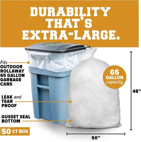 Vista 2 de Bolsas de basura con capacidad de 65 galones, 50 bolsas por caja, Transparente