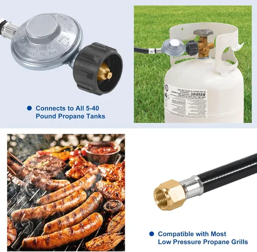 Vista 4 de GasSaf Regulador de propano de 2 pies con manguera para parrillas Weber, planchas Blackstone, calentador, hogueras y más - Certificado CSA