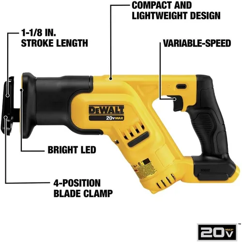 Vista 2 de Herramienta de sierra alternante Dewalt DCS387B 20V máx., compacta, inalámbrica (herramienta sola), 14 pulgadas