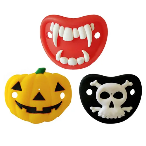 Vista 2 de Kisangel Chupetes divertidos con forma de calabaza, esqueleto, vampiros, colmillos, novedad, pezón, bebé, chupete para Halloween, recuerdos de fiesta