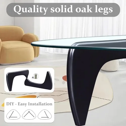 Vista 7 de Mesa auxiliar – Mesa de centro triangular de vidrio con base de madera maciza, diseño minimalista moderno de mediados de siglo, mesa auxiliar