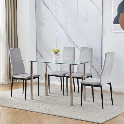 Vista 2 de Juego de 4 mesas y sillas de comedor de cristal moderno de 5 piezas para cocina pequeña, mesa rectangular de vidrio templado y 4 sillas de comedor