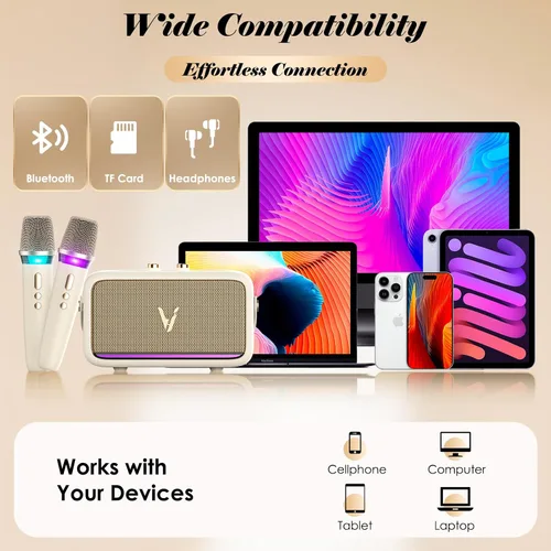 Vista 5 de Máquina de karaoke con 2 micrófonos inalámbricos y envoltura de cuero suave Mini altavoz Bluetooth portátil con 5 modos de cambio de voz