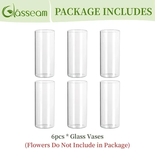 Vista 8 de Glasseam Juego de 6 jarrones cilíndricos transparentes, jarrones de vidrio modernos para centros de mesa, jarrones para velas flotantes