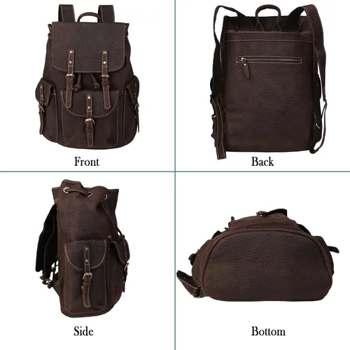Vista 3 de Mochila retro de cuero genuino para hombre, adecuada para portátiles de 16 pulgadas, para viajes de negocios, mochila diaria, Gris, Mochilas de viaje