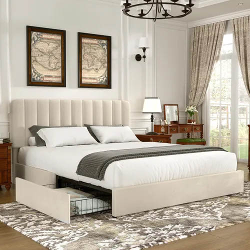 Vista 42 de VECELO Base de cama tapizada de tamaño matrimonial con 4 cajones y cabecero, plataforma de terciopelo, soporte de listones de madera, no necesita