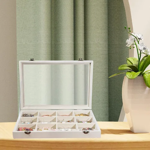 Vista 4 de Stratalife Organizador de joyas, organizador de pulseras, caja de almacenamiento apilable de 12 rejillas con tapa, joyero de terciopelo para cajón