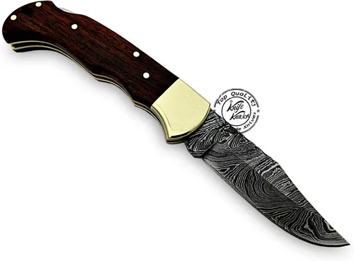 Vista 3 de Cuchillo de bolsillo de damasco hecho a mano de madera de rosa, plegable, cuchillo de caza, cuchillos plegables para hombres con mango de madera