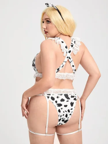 Vista 3 de WDIRARA Conjunto de lencería con estampado de vaca de 6 piezas para mujer, conjunto de brasier y bragas con corte de encaje