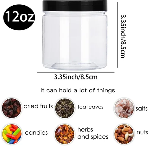 Vista 7 de Lainrrew 8 tarros de plástico de 12 onzas con tapas, recipientes de plástico transparente redondos de almacenamiento para almacenamiento, tarros