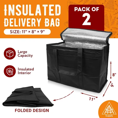Vista 2 de APQ Supply Bolsa de entrega de alimentos aislada negra, bolsas de comestibles aisladas con cierre superior, bolsa de catering para entregas