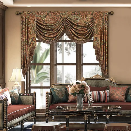 Vista 10 de Loom and Mill Cenefa de cascada de lujo de jacquard para sala de estar, elegantes cenefas de ventana con festones y cuentas damascadas, cortinas