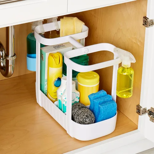 Vista 8 de YouCopia SinkSuite - Organizador de limpieza para debajo del fregadero, organizador de suministros de limpieza ajustable de 2 niveles