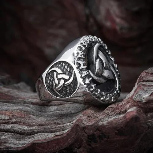Vista 3 de BAVIPOWER Viking Odin Triple Cuerno Runa Círculo Norse Sabiduría Anillo de Acero Inoxidable Asatru Pagan Joyería Escandinava para hombres y mujeres