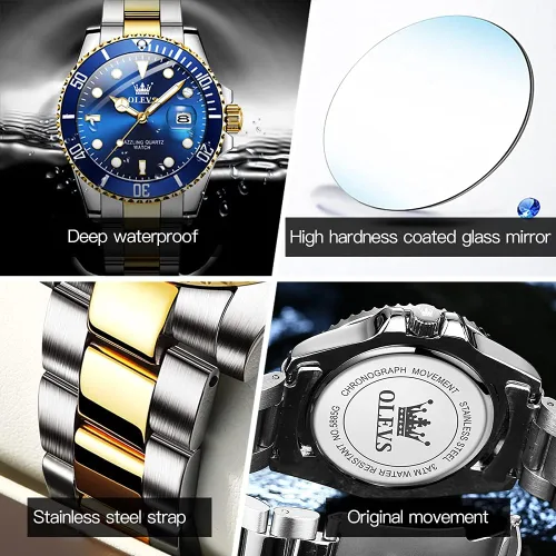 Vista 3 de OLEVS Relojes analógicos de cuarzo para hombre a la moda impermeables con correa de acero inoxidable ventana de día para hombre