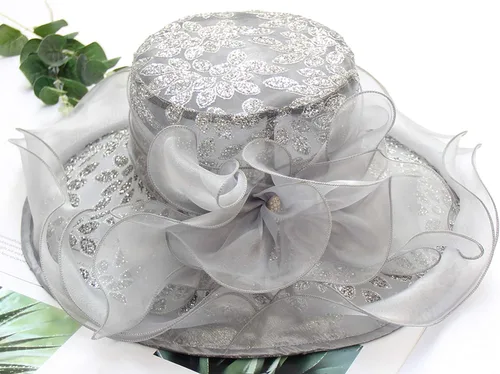 Vista 5 de Tocado de organza para mujer, para fiesta de té, boda, protección UV, sombrero de ala ancha