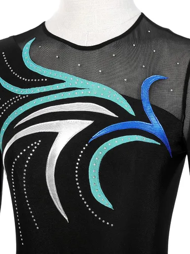 Vista 6 de Vestido de patinaje sobre hielo artístico para mujer, malla de retazos, uniformes de baile mayoreta, leotardos de ballet