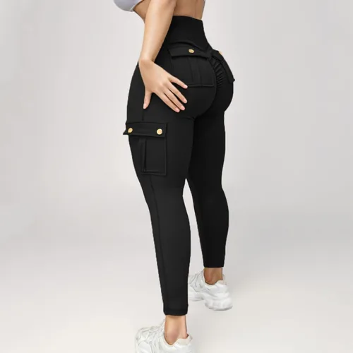 Vista 5 de Ayolanni Women High Waist Yoga Leggings Butt Lifting Tummy Control Solid Cargo Tights with Button Porkets for Jogging Workout