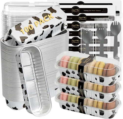 Vista 9 de Ruckae Paquete de 100 Mini Moldes para Pan Mini Moldes para Hornear Pan con Tapas y Cucharas, Moldes de Papel de Aluminio Desechables, Moldes