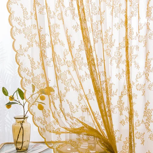 Vista 13 de Sutuo Home Juego de 2 cortinas de encaje beige, paneles transparentes de 63 pulgadas de largo, bordado floral de rosas, tratamiento de ventana