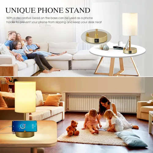 Vista 6 de Lámpara de mesa de control táctil Briever para dormitorio, lámpara de mesita de noche regulable de 3 vías con puertos de carga USB, lámpara