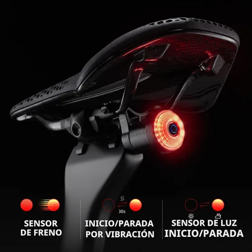 Vista 3 de ROCKBROS - Luz trasera para bicicleta, detección inteligente de frenos, encendido/apagado automático, 5 modos, USB-C