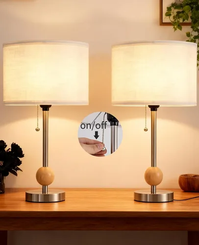 Vista 9 de Juego de 2 lámparas de mesa pequeñas, lámpara de noche de 17.7 pulgadas con pantalla de lino, cuerpo de metal, acento de madera y cadena