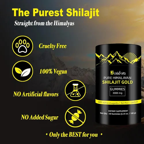 Vista 5 de Gomitas Shilajit, gomitas puras de Shilaljit del Himalaya, sin azúcar añadida, sin OMG, orgánicas naturales, Ashwagandha, Gokshura Ácido fúlvico