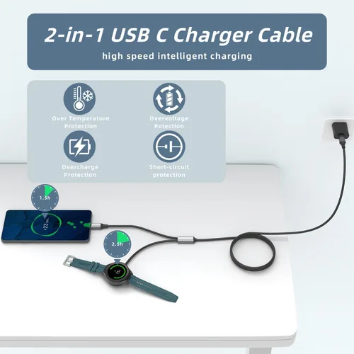 Vista 4 de Cable de carga USB C 2 en 1 para Samsung Galaxy Watch 8/8 Classic/7/FE/Ultra/6/6 Classic/5/5 Pro/4/4 classic/3/Active 2/Active y Galaxy