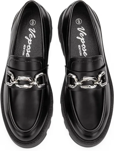 Vista 7 de Vepose Mocasines casuales de plataforma 8081 para mujer, mocasines negros con punta redonda