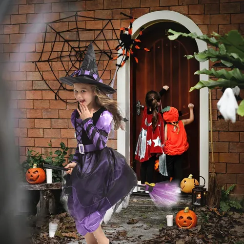 Vista 5 de KUJAIS Disfraz de bruja para niñas, disfraces de Halloween para niñas, niños, disfraz de bruja de cuento de hadas, conjunto de lujo