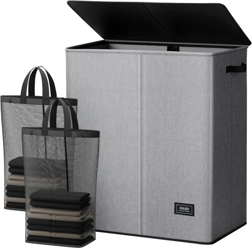 Vista 12 de SOLEDI Cesta de lavandería grande doble con tapa, cesta de ropa plegable de 2 secciones con bolsas extraíbles, cesta de lavandería que ahorra