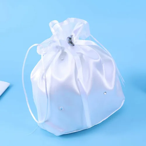 Vista 3 de BESTOYARD Bolso de mano de satén con decoración de flores de perlas, bolso de dama de honor con cordón para artículos esenciales del día de la boda