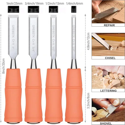 Vista 2 de GREBSTK Juego de 4 cinceles de madera CRV bisel de acero con bordes afilados con tapas de seguridad para carpintería y proyectos de bricolaje